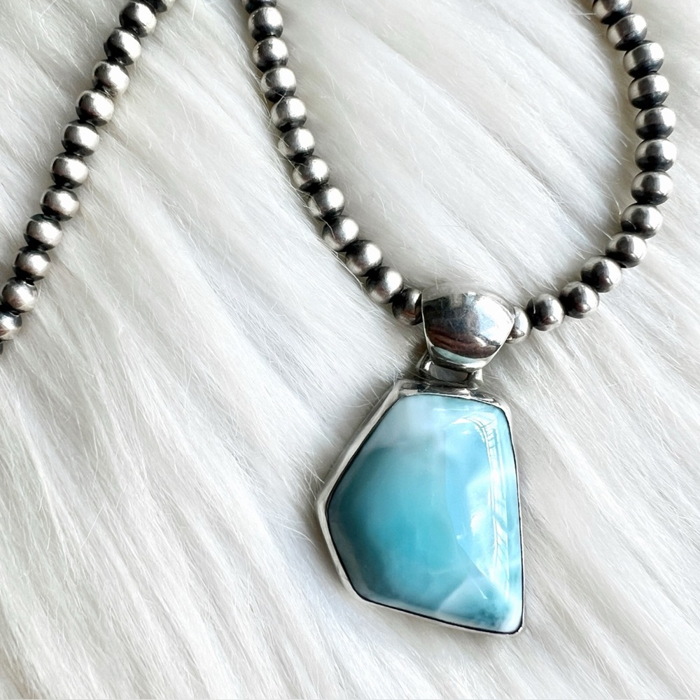 LARIMAR & Sterling Silver Geometric Large Asymmetric Pendant Statement Charm 925